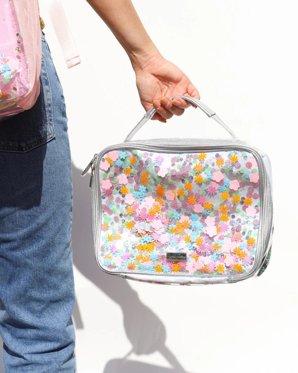 Pink Flower Glitter Confetti Backpack, Lunchbox & Pouch Matching Set