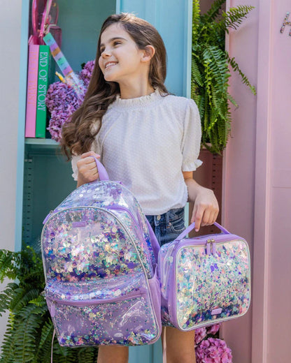 Purple Glitter Confetti Backpack, Lunchbox & Pouch Matching Set