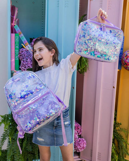 Purple Glitter Confetti Backpack, Lunchbox & Pouch Matching Set