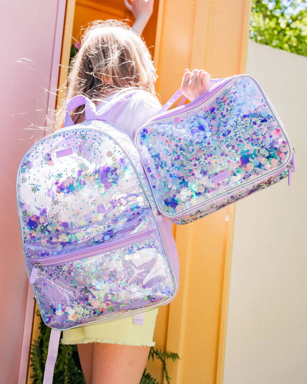 Purple Glitter Confetti Backpack, Lunchbox & Pouch Matching Set