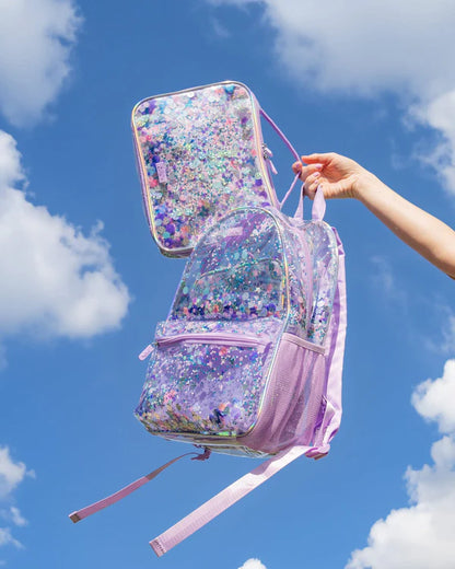 Purple Glitter Confetti Backpack, Lunchbox & Pouch Matching Set