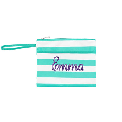 Personalized Mint Stripe Zip Pouch Wristlet