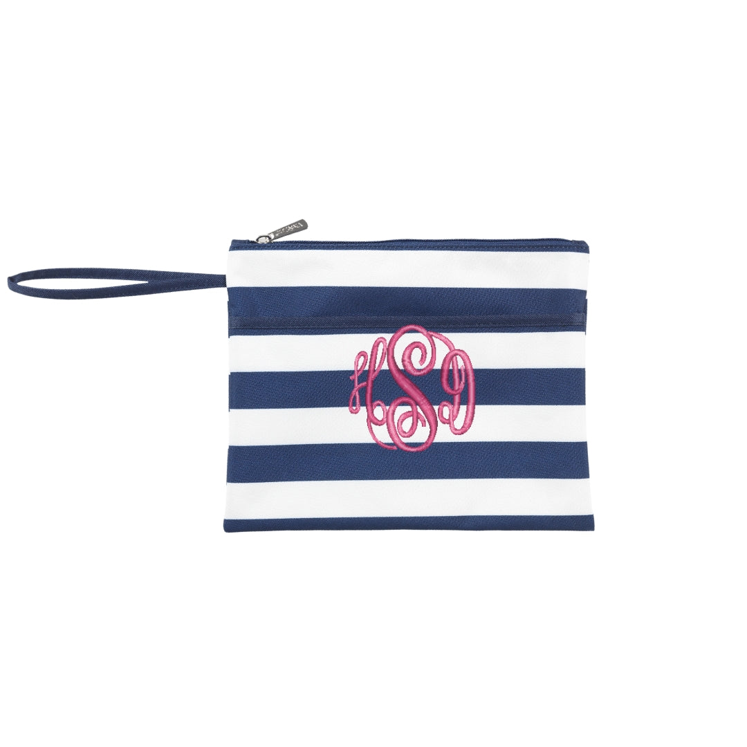 Personalized Navy Stripe Zip Pouch Wristlet