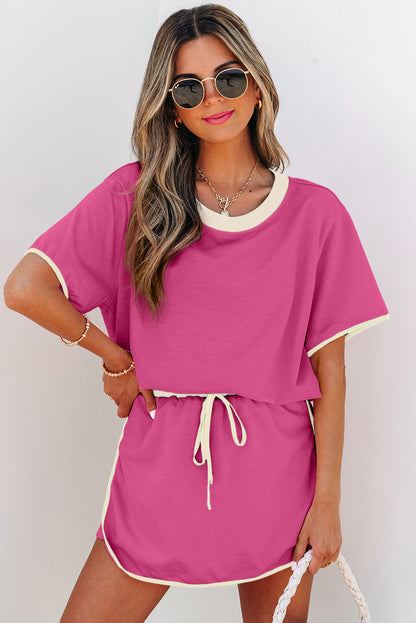 Rose Red Colorblock Edge Drop shoulder T Shirt and Skirt front view