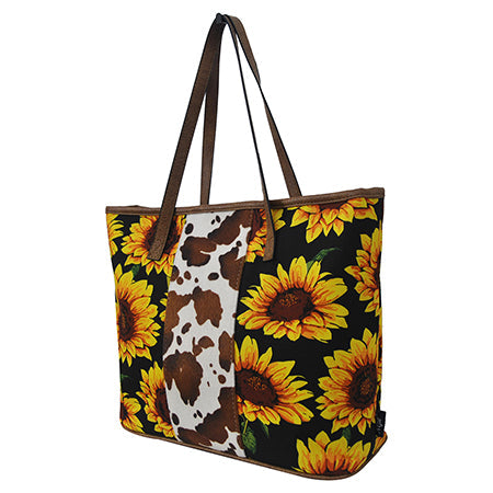 Sunflower Cow Print Faux Leather Everyday Shopping Tote Bag