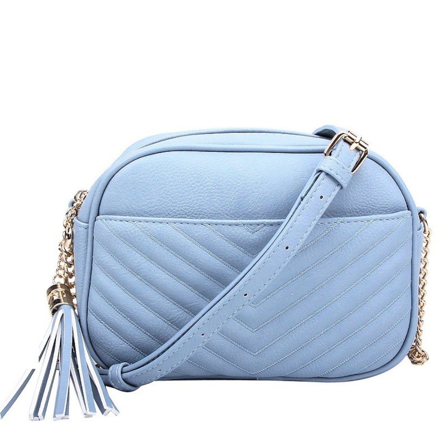 Veronica Double Zipper V Pattern Stitch Tassel Crossbody Bag