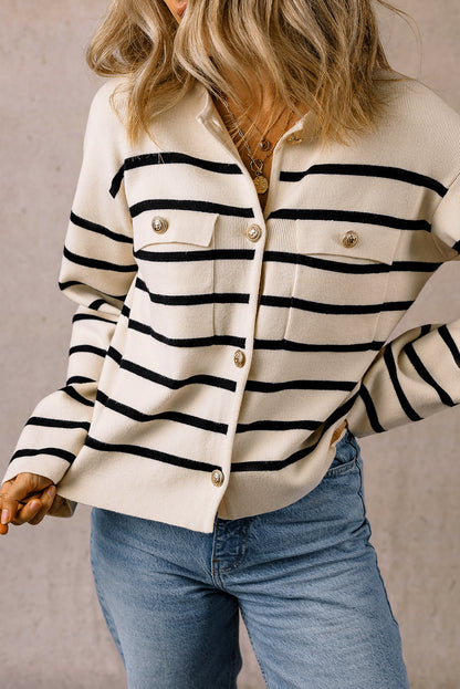 Black Stripe Flap Pocket Buttoned Cardigan Sweater