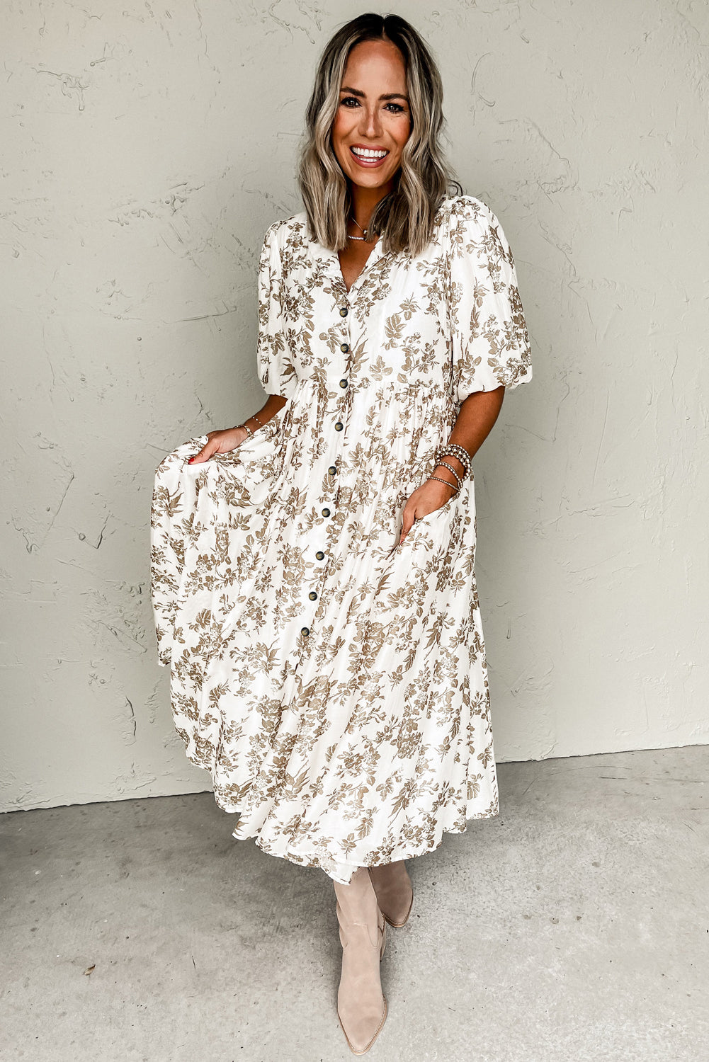 Khaki Floral Puff Sleeve V Neck Buttoned Front Maxi Dress