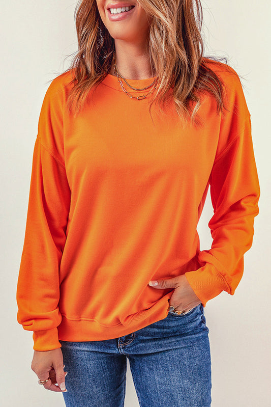 Orange Plain Crew Neck Pullover Sweatshirt