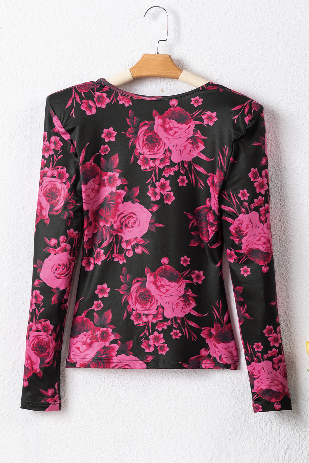 Rose Red Floral Print Shoulder Pad Long Sleeve Square Neck Top