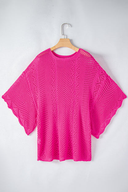 Rose Red Pointelle Knit Scallop Edge Short Sleeve Top