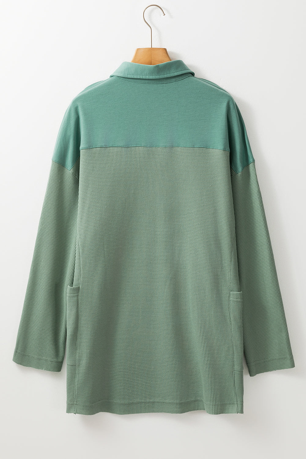 Smoke Green Waffle Long Sleeve Collar Half Button Loose Top