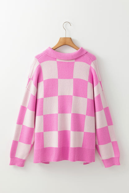 Pink Checkerboard Half Button Collared Drop Shoulder Sweater