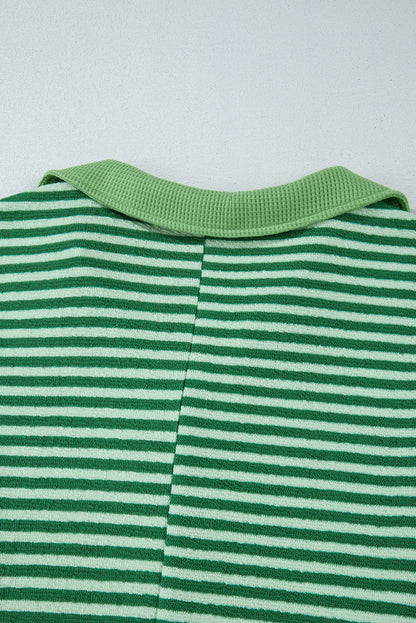 Green Stripe Turn-Down V Neck Patchwork Loose Top