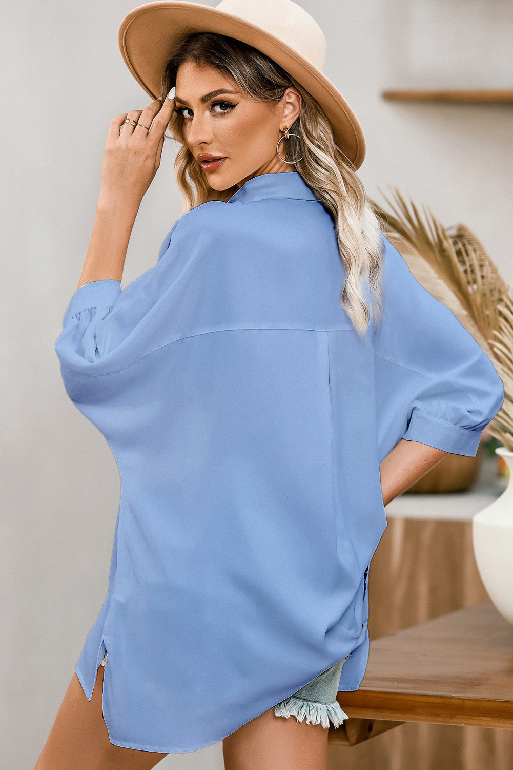 Three-Quarter Sleeve Slit Shirt