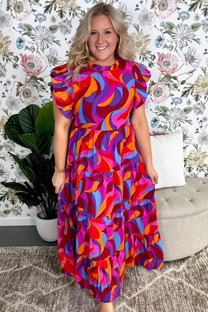 Multicolour Plus Abstract Print Ruffled Mock Neck Tiered Maxi Dress