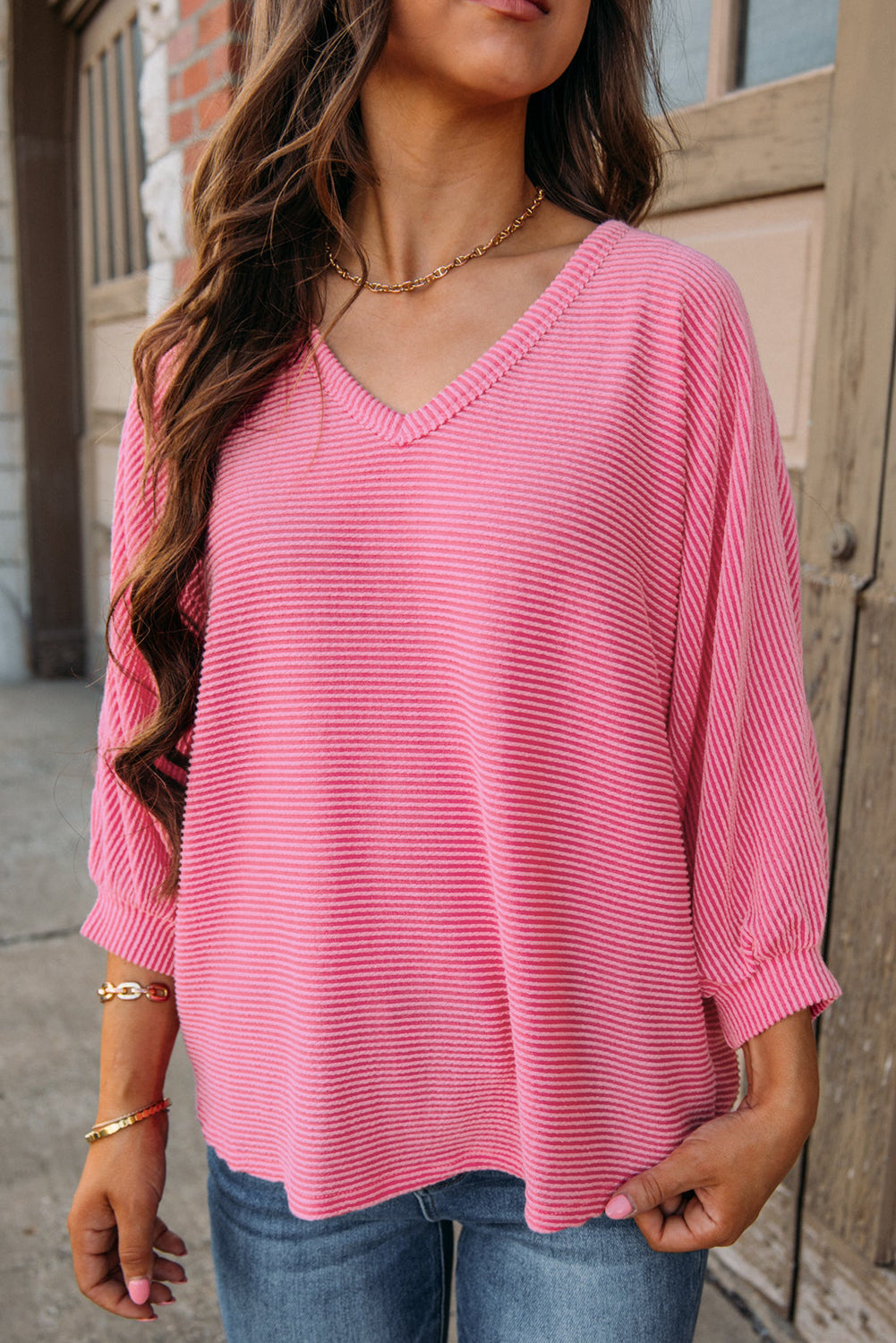 Strawberry Pink Striped Print Bracelet Sleeve V Neck Top