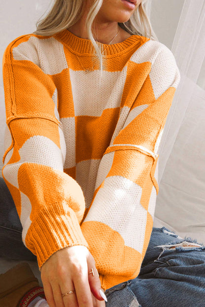 Orange Checkered Bishop Sleeve Sweater