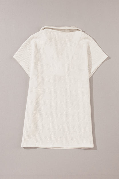 White Textured V Neck Collared Short Sleeve Top