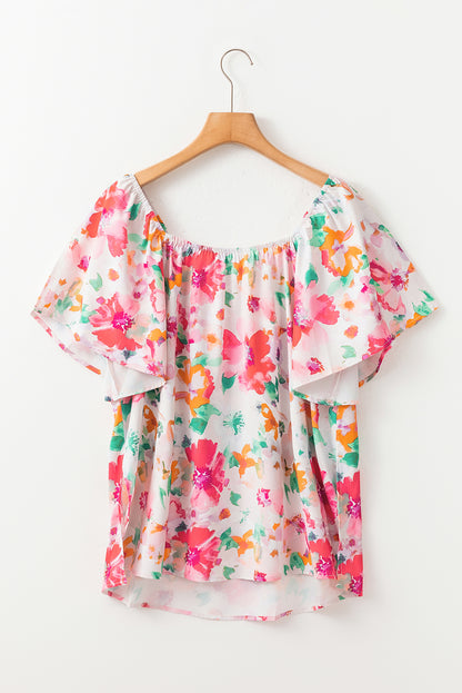 Multicolor Watercolor Floral Square Neck Ruffle Sleeve Blouse