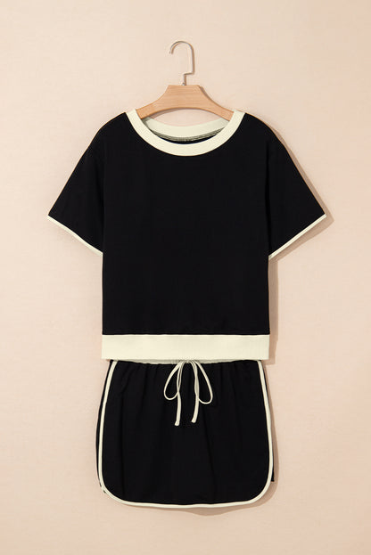 Black Colorblock Edge Drop Shoulder T Shirt and Skort 2Pcs Set