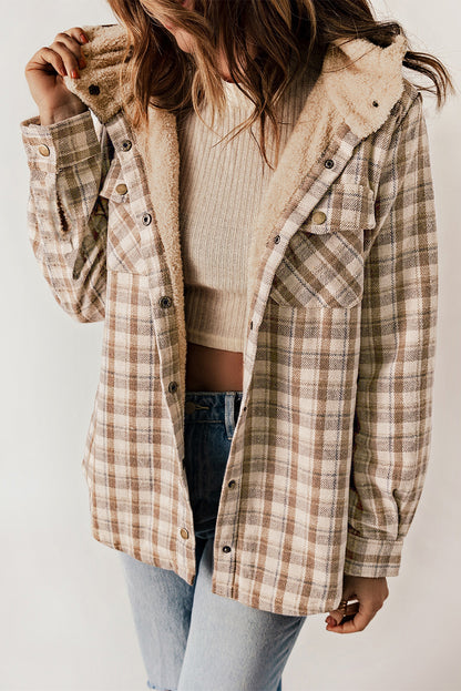 Khaki Plaid Pattern Sherpa Lined Hooded Shacket