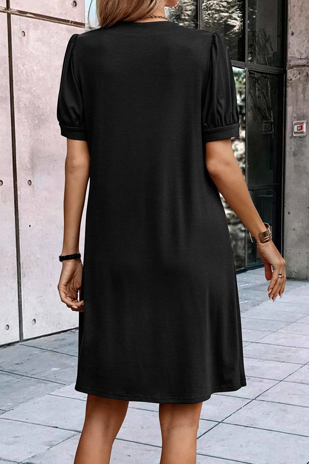 Black Notched Neck Pleated Puff Sleeve Shift T-shirt Dress