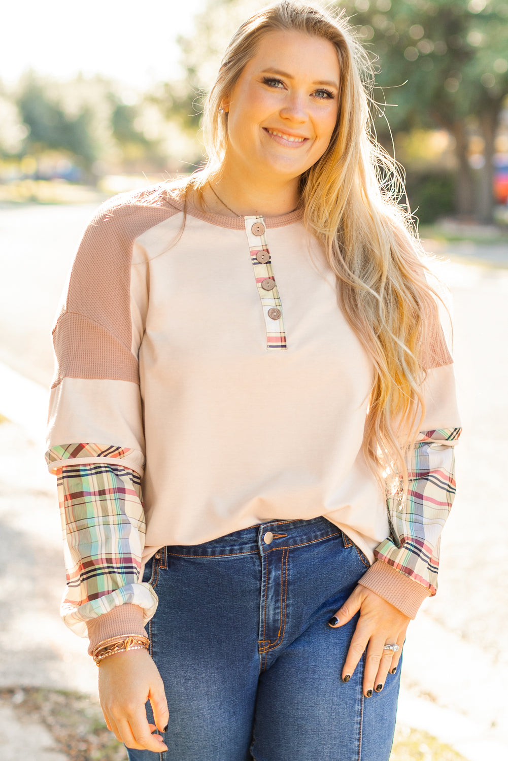 Parchment Plus Size Plaid Patchwork Layered Henley Top