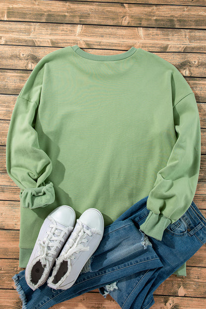 Grass Green Solid Fleece Lined Drop Shoulder High Low Sweatshirt