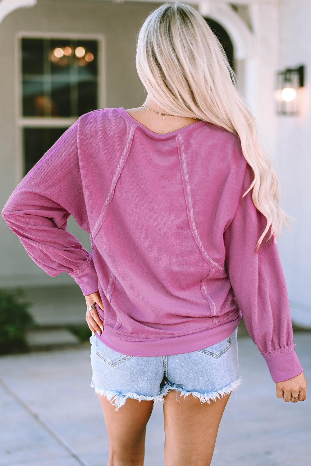 Pink Exposed Seam Round Neck Terry Pullover