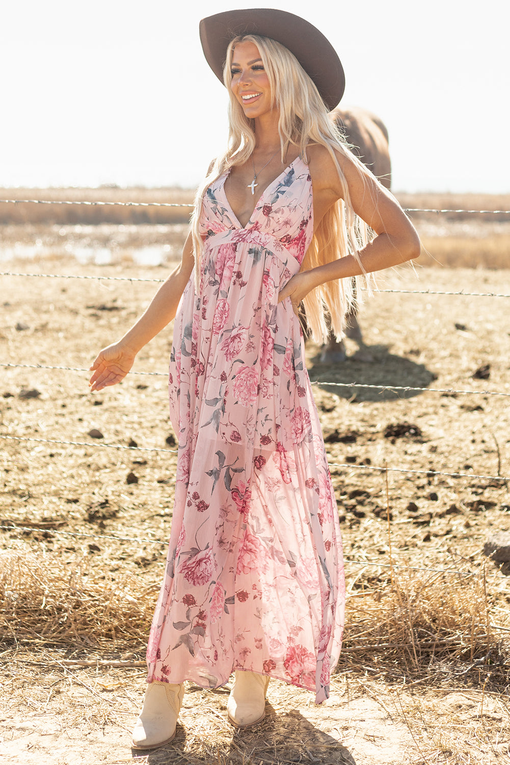 Pink Floral Pleated Bust Deep V Empire Waist Backless Maxi Dress