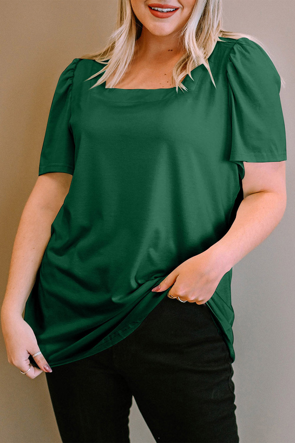 Green Plus Size Square Neck Ruched Shoulder Short Sleeve Top