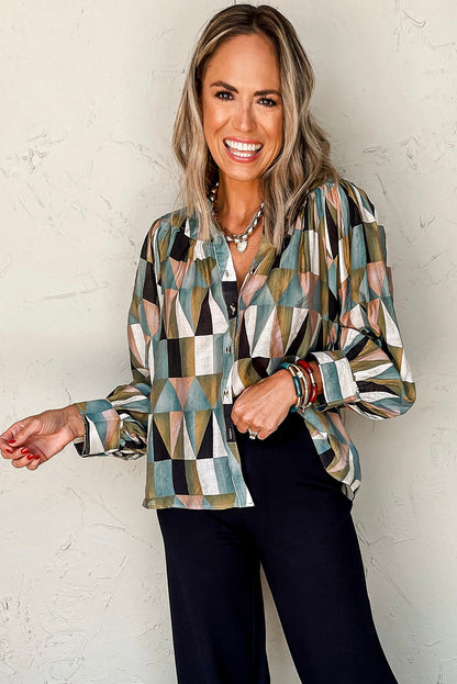 Green Geometric Print Buttoned Balloon Sleeve Loose Fit Shirt