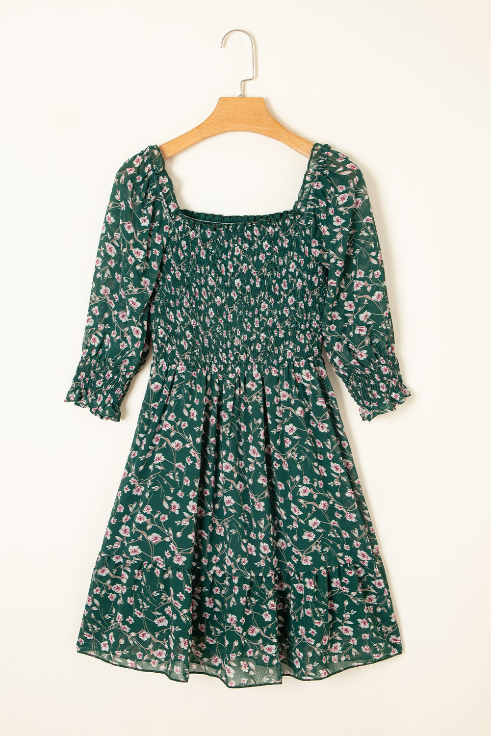 Green Smocked Square Neck Puff Short Sleeve Floral Mini Dress