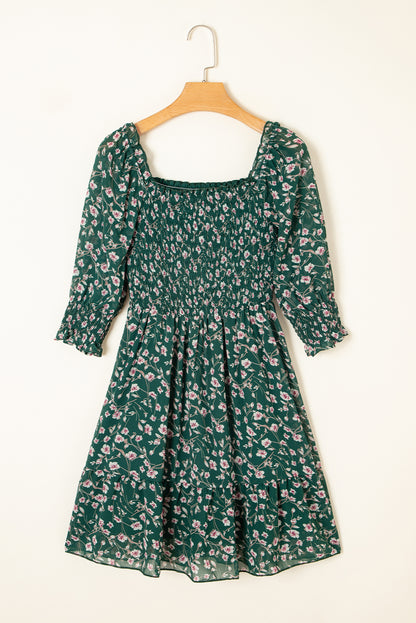 Green Smocked Square Neck Puff Short Sleeve Floral Mini Dress