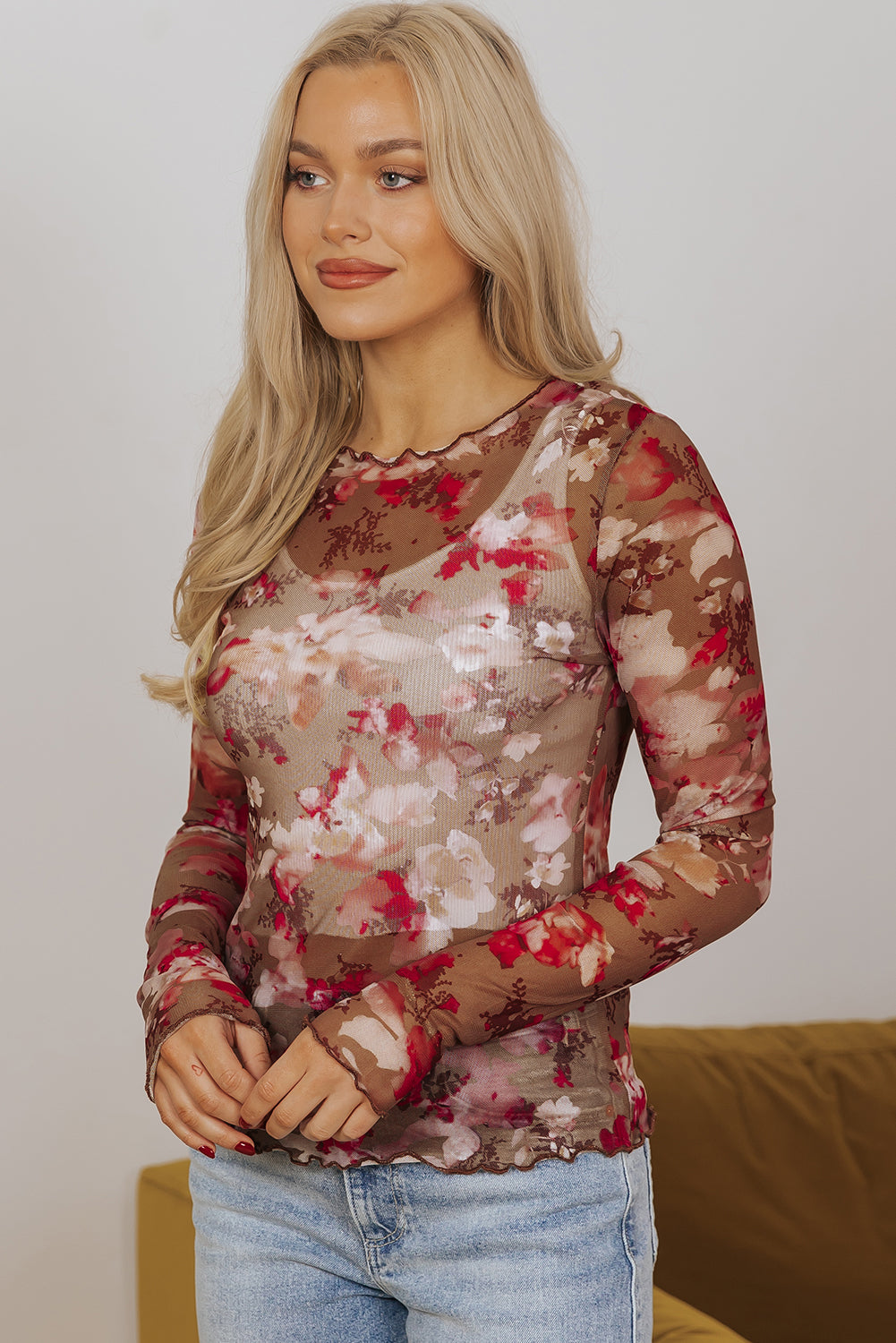 Red Floral Print Sheer Mesh Long Sleeve Top