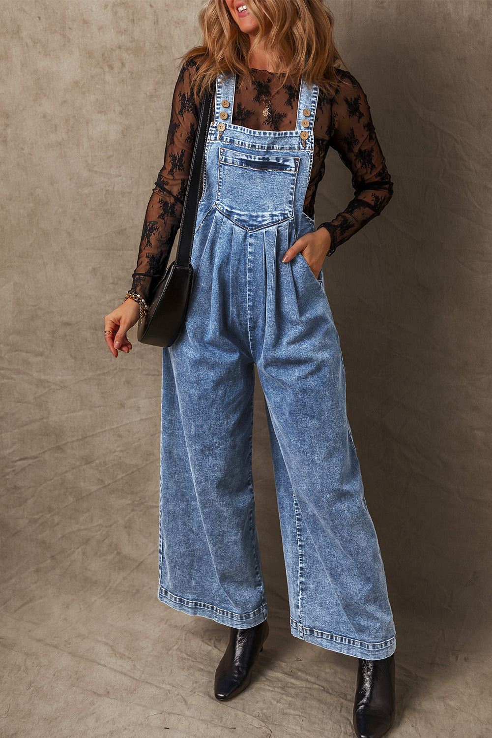 Light Blue Mineral Wash Buttoned Straps Wide Leg Denim Overalls