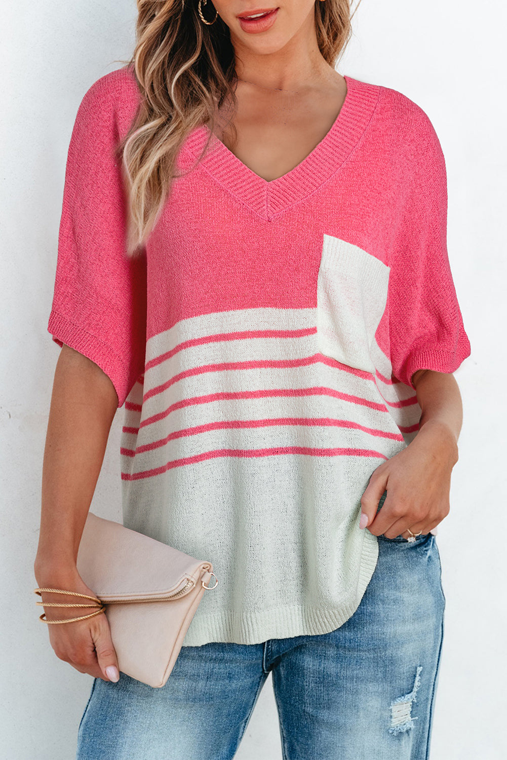 Strawberry Pink Contrast Stripes V Neck Knitted Short Sleeve Top