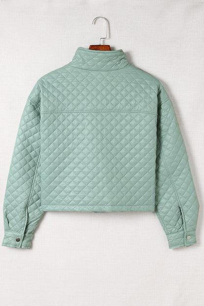 Green Quilted Pocketed Zip-up Cropped Jacket