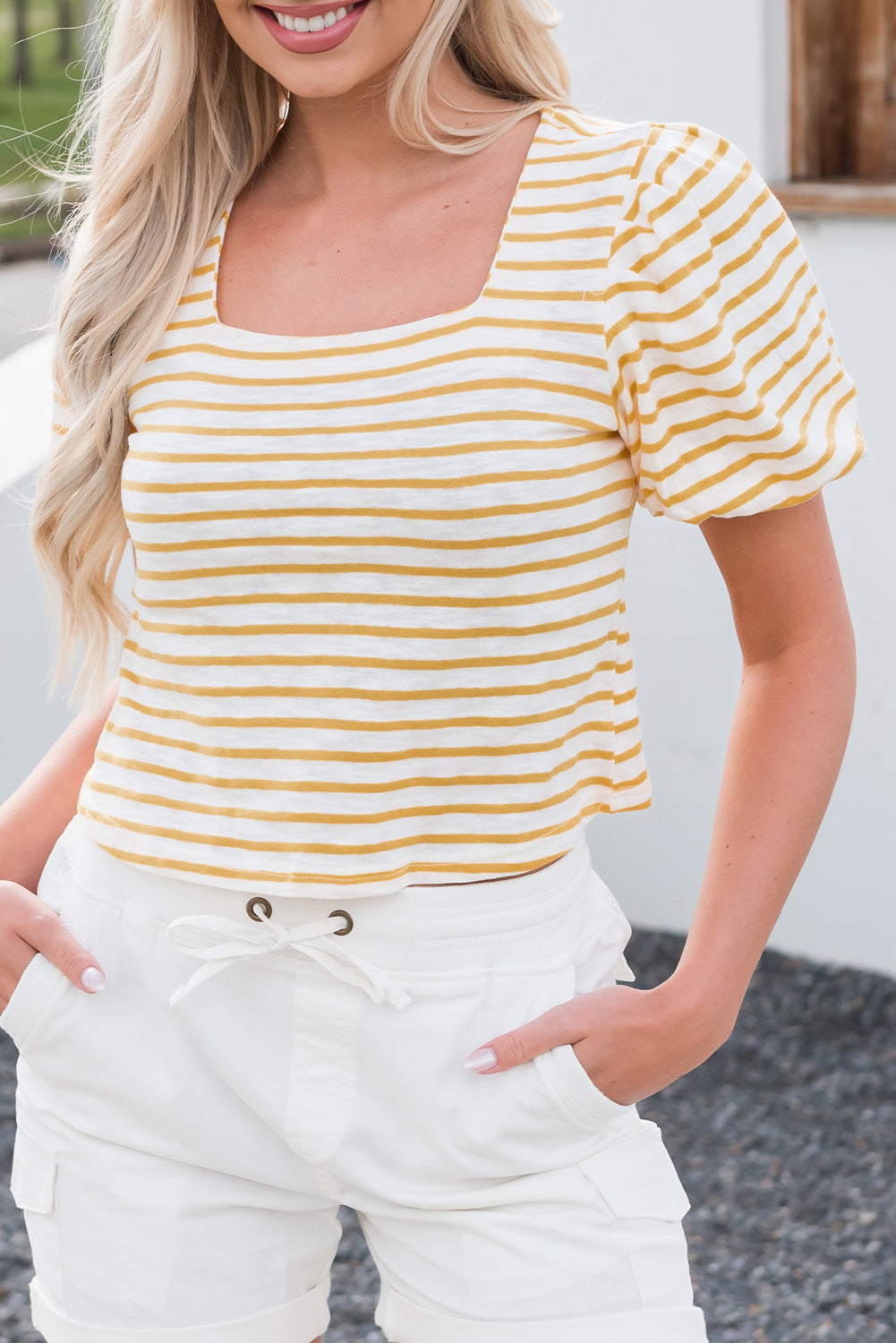 Stripe Square Neck Bubble Sleeve Top