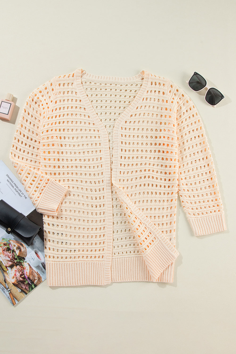 Apricot Solid Color Open Knit Duster Cardigan