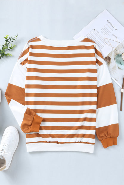 Brown Stripe Drop Shoulder Striped Pullover Sweatshirt