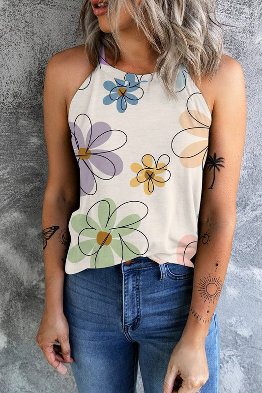 Beige Sweet Floral Tank Top