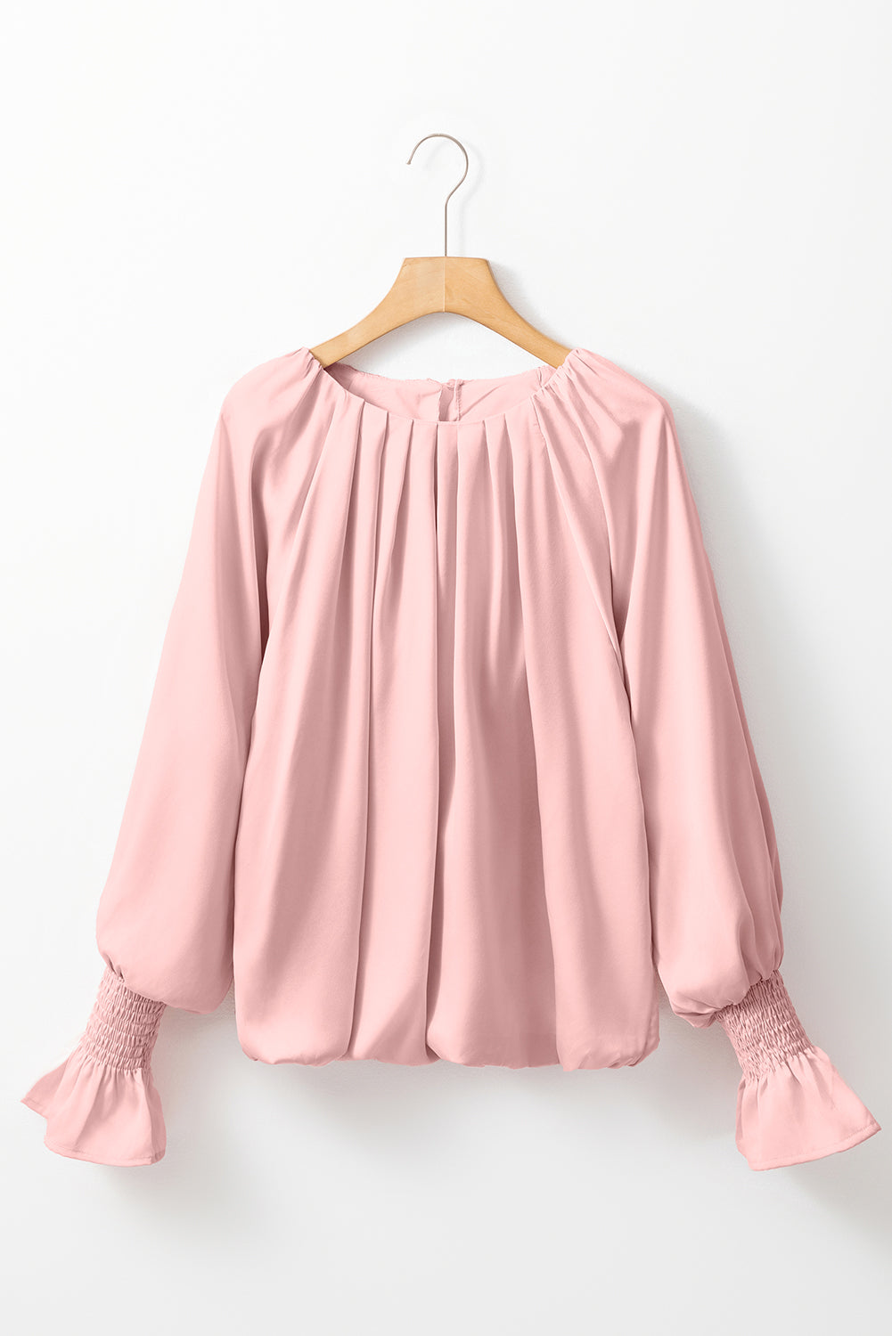 Apricot Pink Pleated Round Neck Flounce Sleeve Satin Blouse