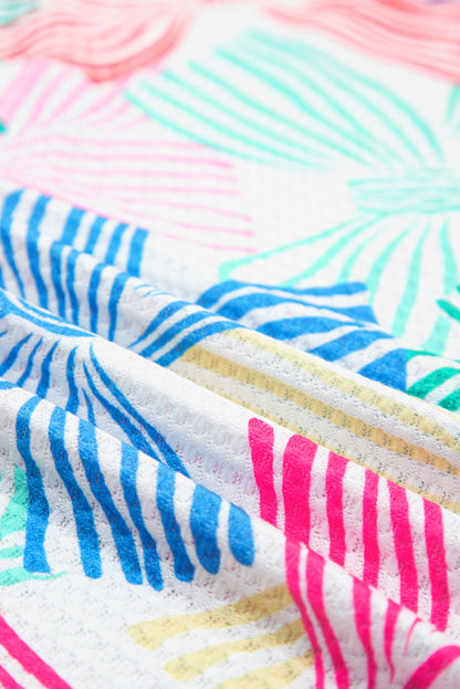 Multicolour Bowknot Printed Waffle Crewneck Loose Short Sleeve Top