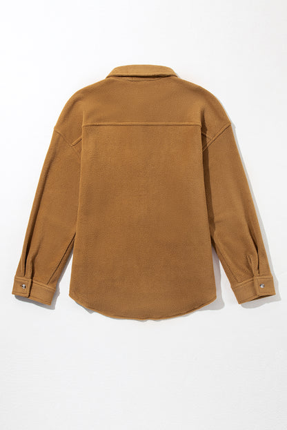 Camel Chest Pocket Button Up Fleece Shacket