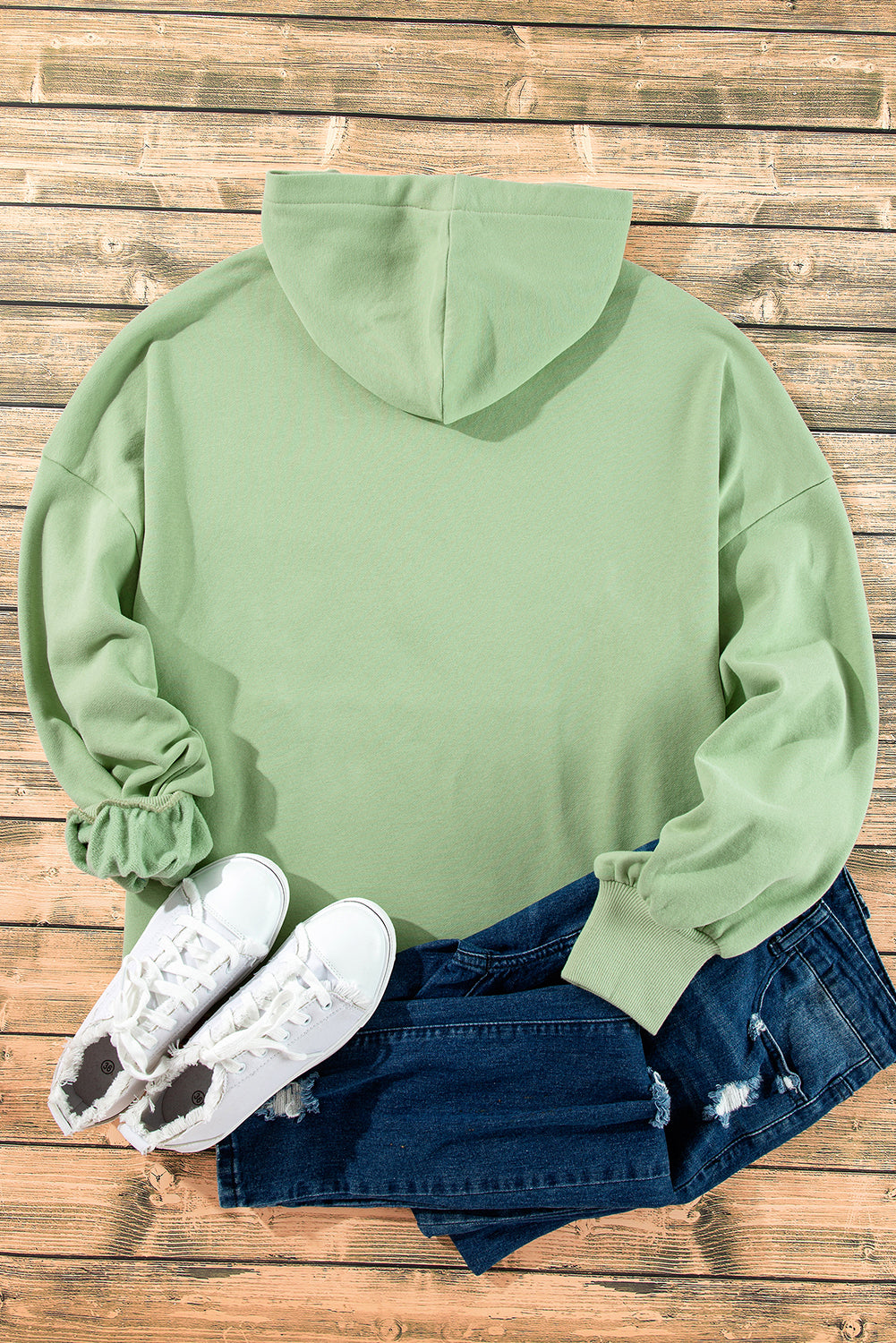 Smoke Green Fleece Lined Half Zipper Kangaroo Pockets Loose Hoodie