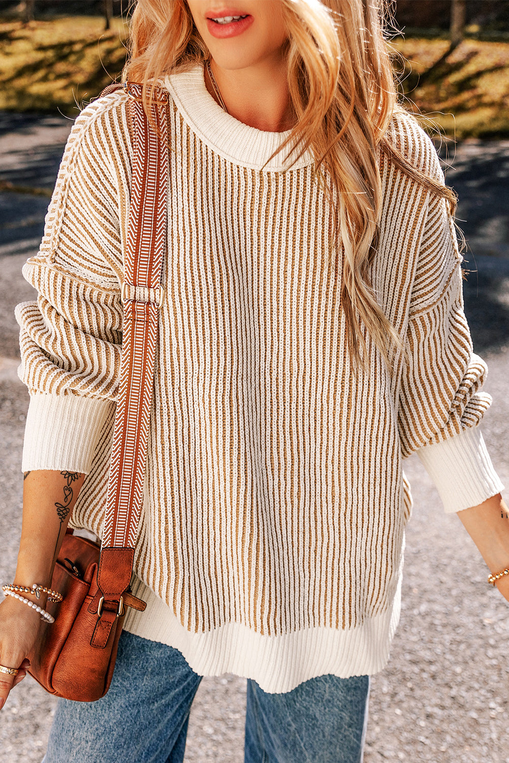 Chestnut Striped Textured Knit Contrast Edge Loose Sweater