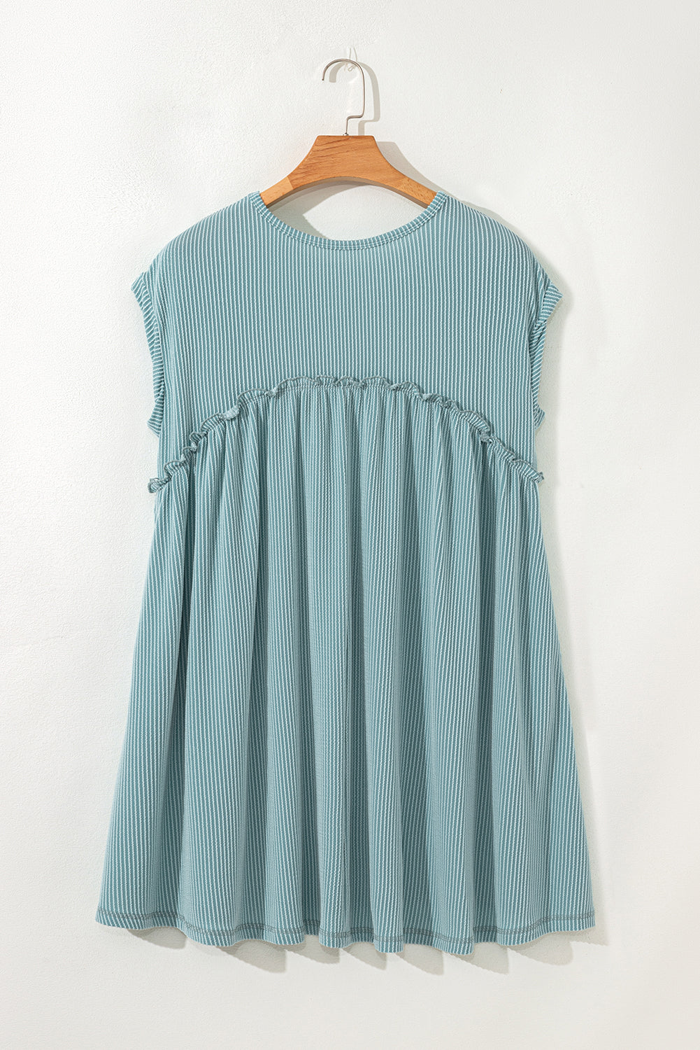 Canton Corded Knit Textured Patched Pocket Frilled Swing Mini Dress with Pockets