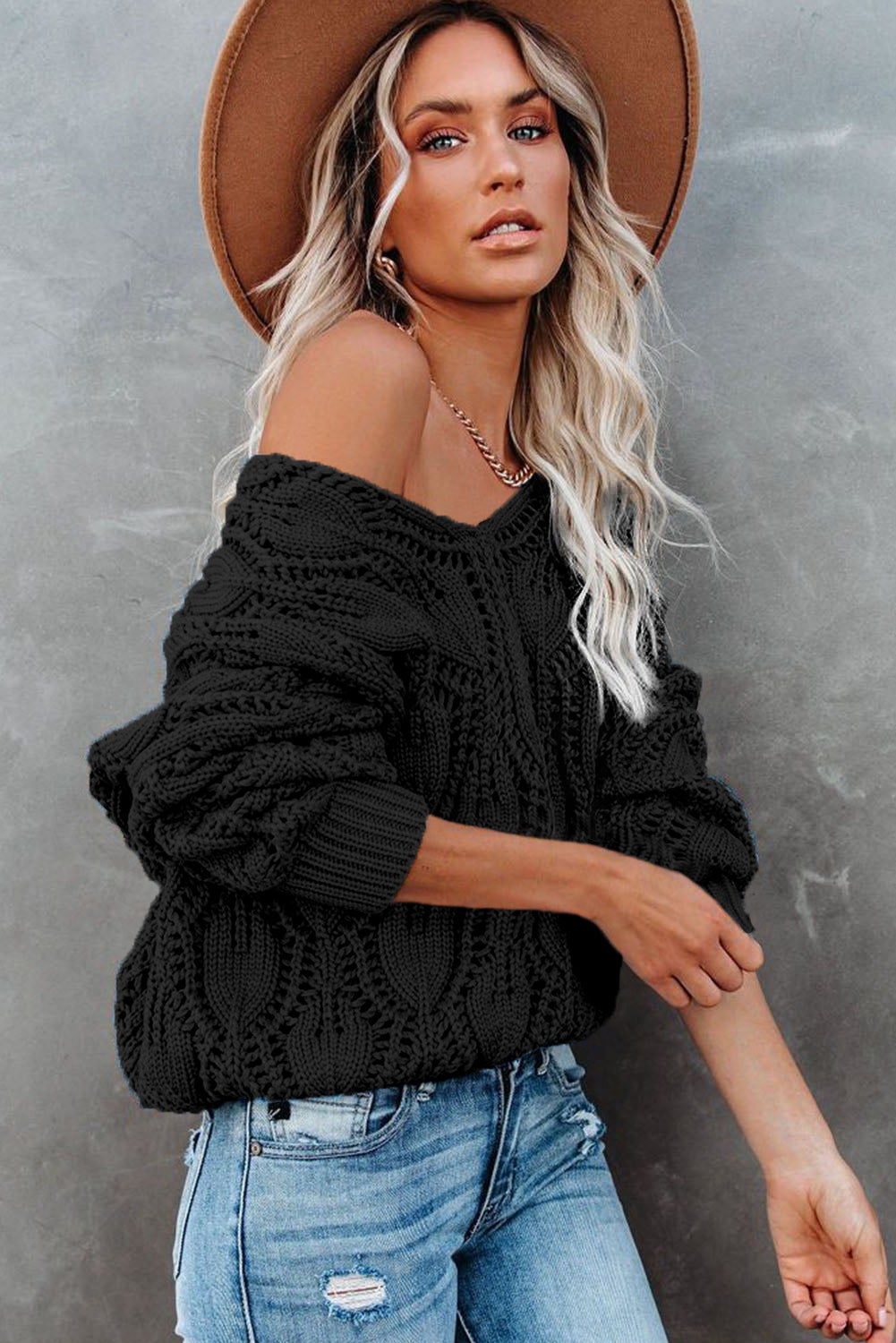 Black Crochet Knit Ribbed Hem Hollow-out Sweater